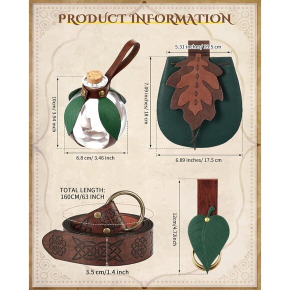 Women Renaissance Accessories Leaf Belt Bag Potion Bottles Medieval Viking Gift